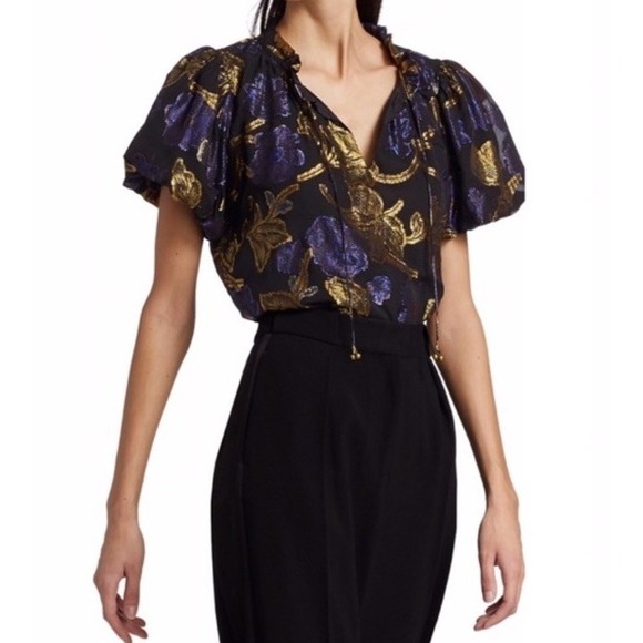 Sea New York Tops - Sea New York Top Women Silk Lurex Puff Sleeve Metallic Cocktail Cottage Top M L